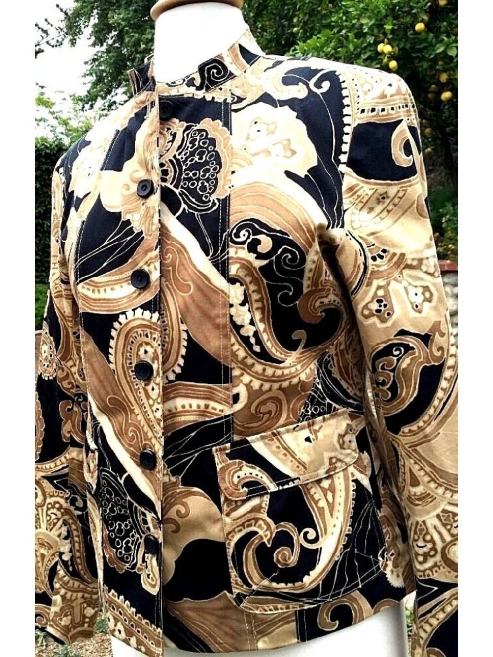Joni B Women's Blazer Size S Black Tan Print Jacket Mandarin Collar